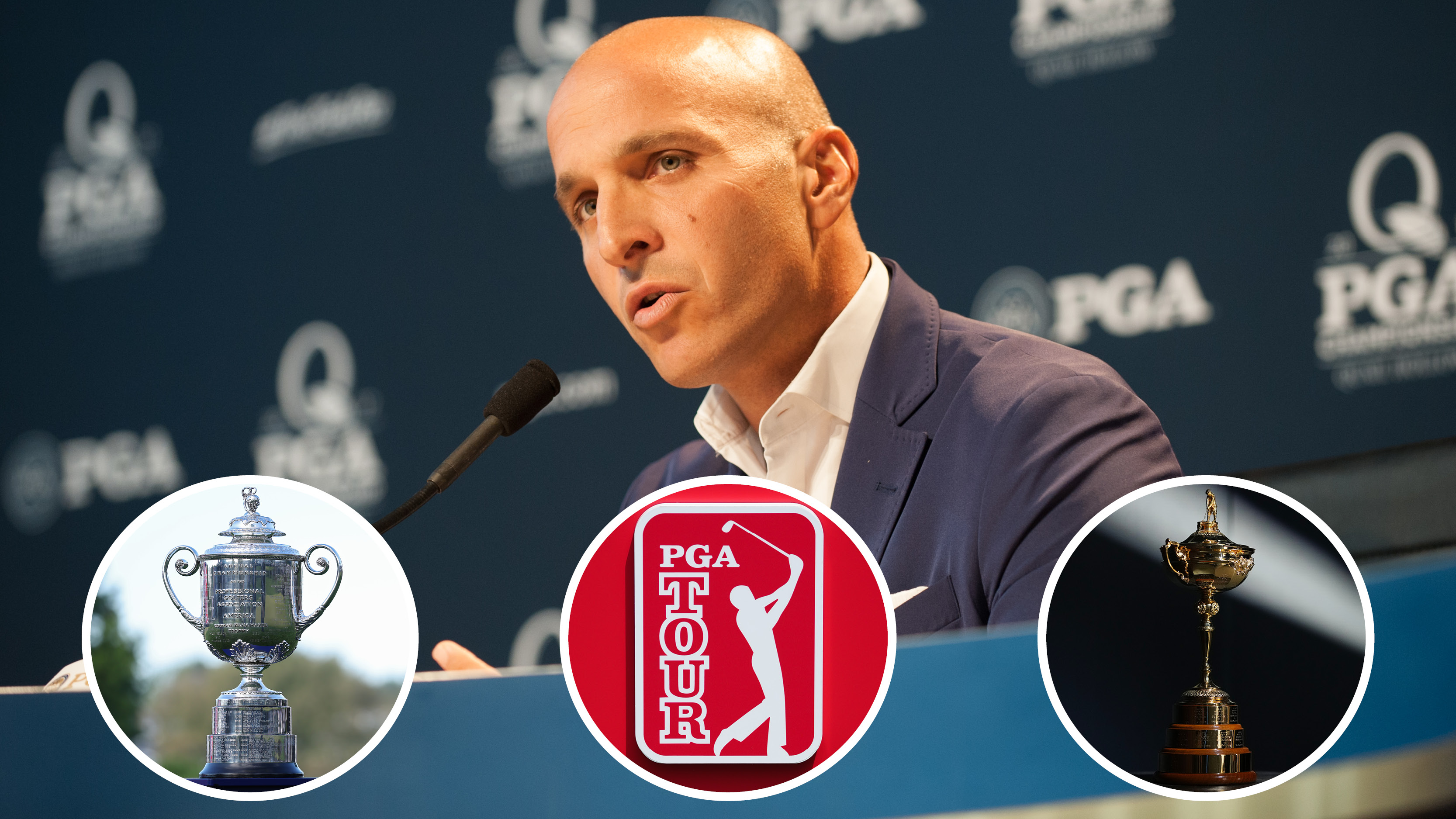 Pete Bevacqua speaks at a press conference, with the PGA Championship trophy, PGA Tour logo and Ryder Cup in circles