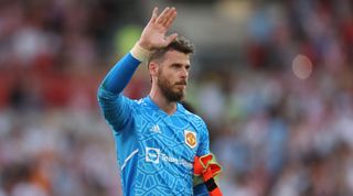 Manchester United goalkeeper David de Gea acknowledges the fans after Brentford 4-0 Manchester United in the Premier League on 13 August, 2022 at the Gtech Community Stadium, London, United Kingdom