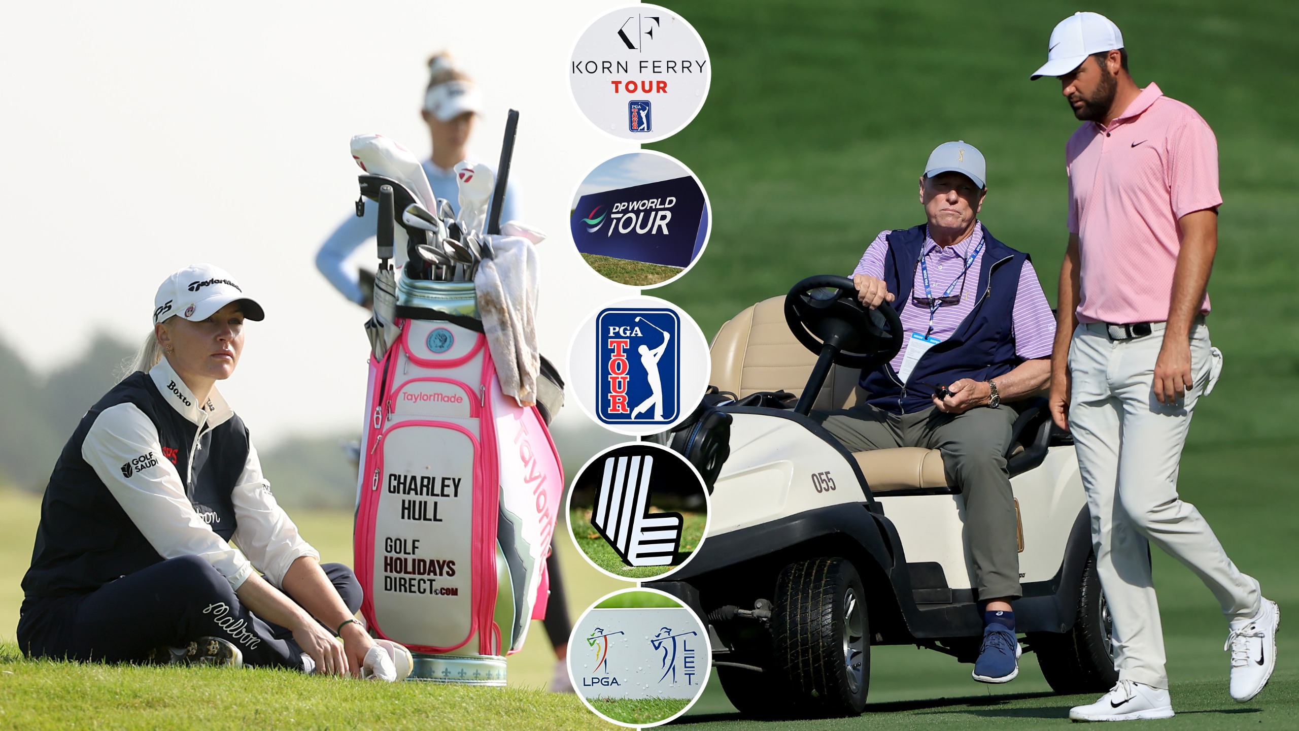 Charley Hull sits down, Scottie Scheffler talks to an official, with five logos in circles