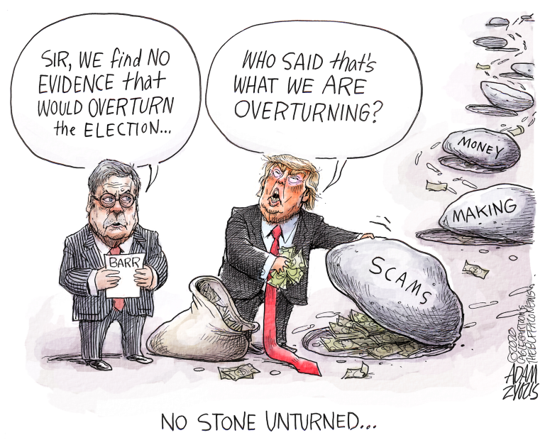 Political Cartoon U.S. Trump Barr election fraud