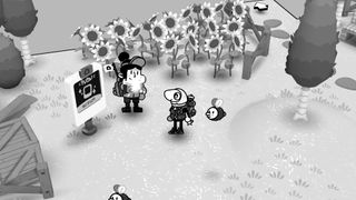 Toem 2 screenshot showing the photographer meeting a character with a photo request who holds up a little flag with a camera on it 