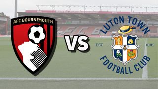 The AFC Bournemouth and Luton Town club badges on top of a photo of the Vitality Stadium in Bournemouth, England