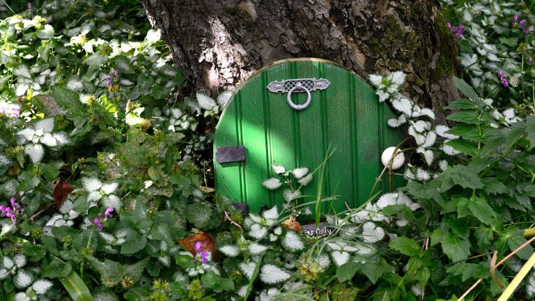 fairy garden ideas featuring a mini door at bottom of tree 