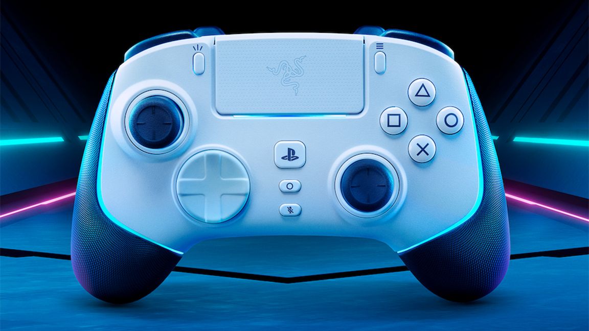 A large and chunky Razer controller in white on a blue background