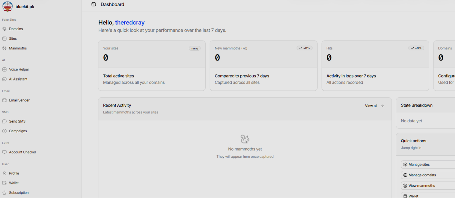 Una captura de pantalla del panel de BlueKit, que muestra el panel centralizado que vería un atacante al iniciar o monitorear una campaña.