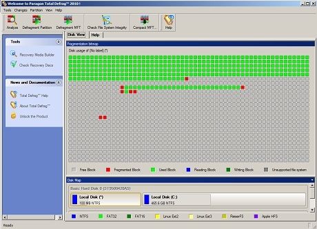 A screenshot image of Total Defrag 2010 shows the main interface and tools that a user sees when the program is first launched.