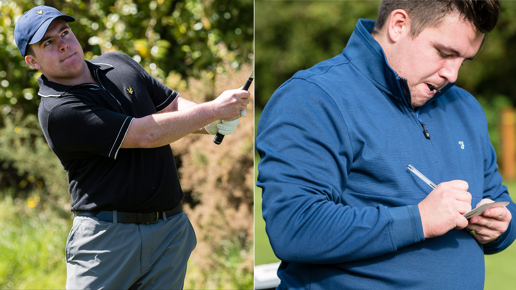 A golfer hits a wedge shot, another golfer marks a card