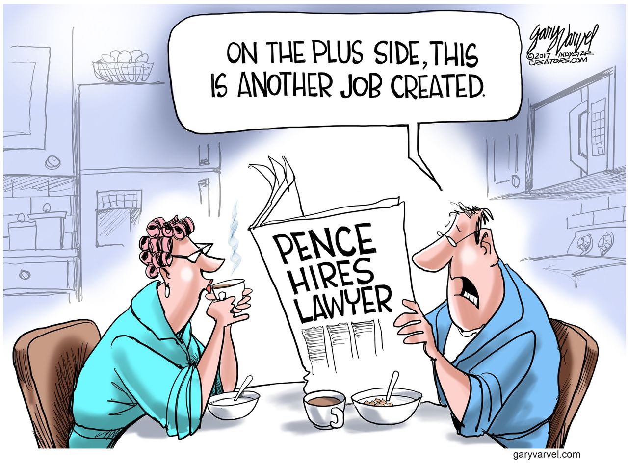 Political cartoon U.S. Pence lawyer job creation unemployment Russia investigation