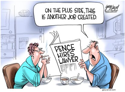Political cartoon U.S. Pence lawyer job creation unemployment Russia investigation