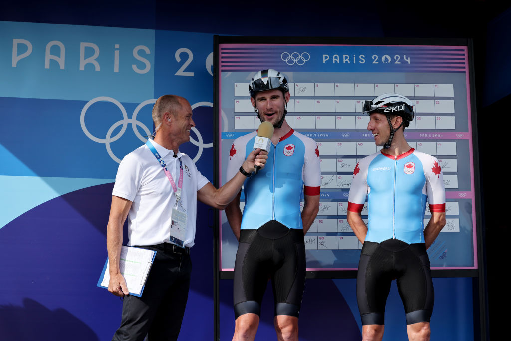 PARIS FRANCE AUGUST 03 Derek Gee and Michael Woods of Team Canada prior to the Mens Road Race on day eight of the Olympic Games Paris 2024 at trocadero on August 03 2024 in Paris France Photo by Tim de WaeleGetty Images