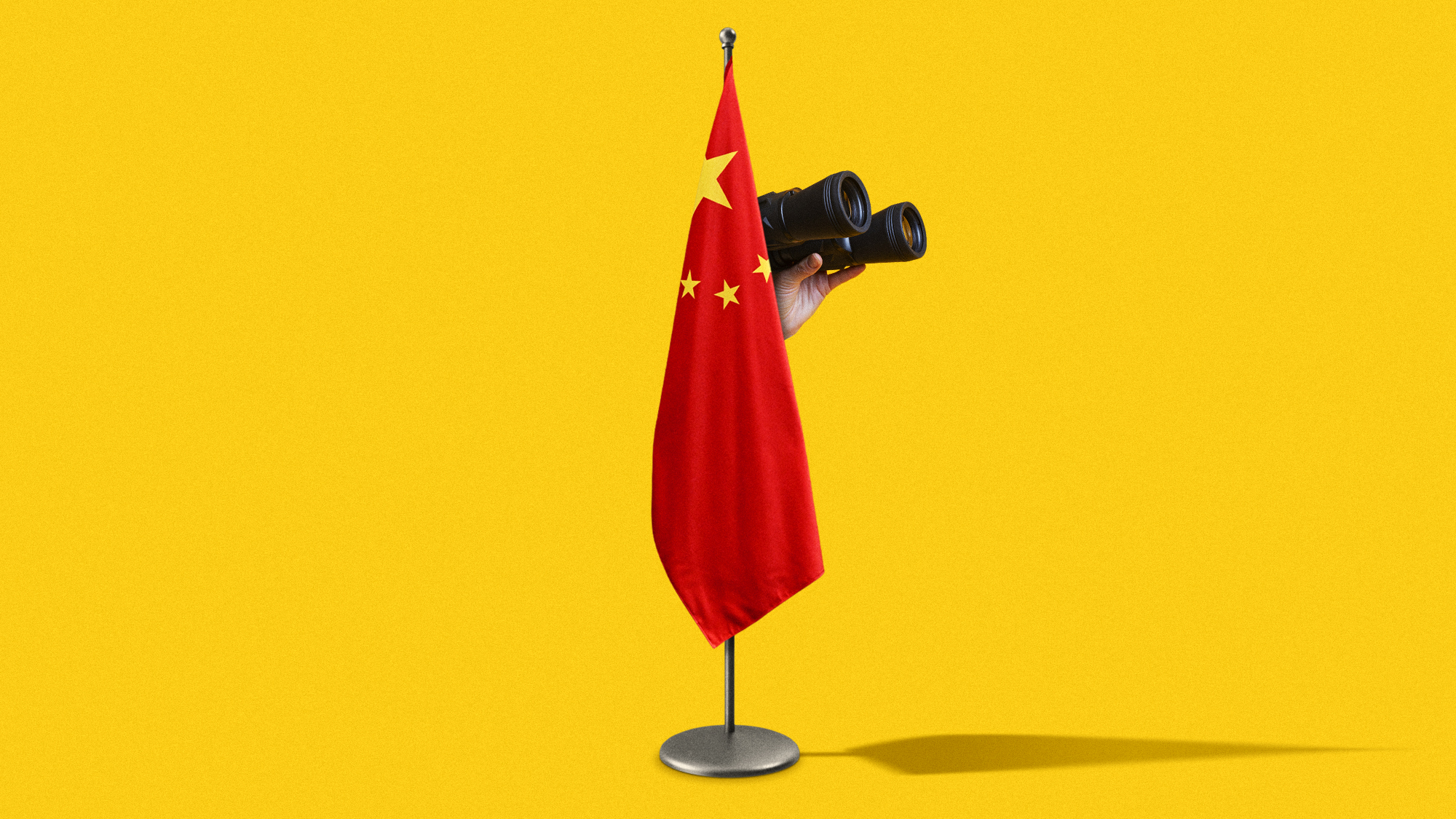 Illustration of binoculars peering out from behind a Chinese flag