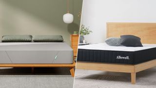 The Siena mattress (left) in a bedroom, and the Allswell mattress (right) in a bedroom