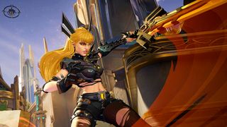 Marvel Rivals screenshot showcasing a blonde hero wearing a black outfit and wielding a one-handed gun