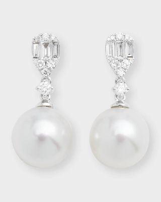 18k White Gold 10.5mm South Sea Pearl Earrings With Diamond Rounds and Baguettes