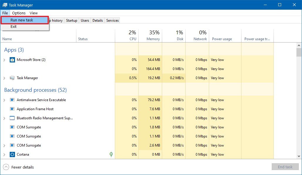 Task Manager run new task option