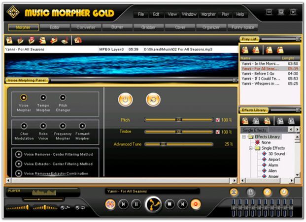 Music Morpher lets you increase or decrease the pitch and timbre of a recording, and otherwise modulate and morph the vocals.