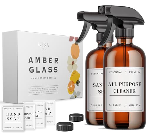 Liba Amber Glass Spray Bottles 2 Pack, 16 Oz Refillable Empty Spray Bottle for Cleaning, Essential Oils, Hair, Plants, Adjustable Nozzle for Squirt and Mist, Bleach/vinegar/rubbing Alcohol Safe