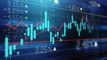 blue stock market chart with teal bars and red moving averages