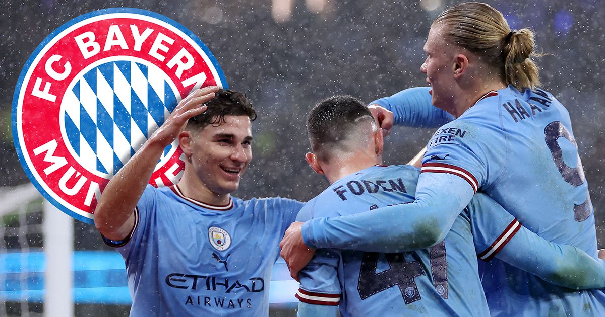 Manchester City striker Erling Haaland celebrates with teammates Phil Foden and Julian Alvarez after scoring the team&#039;s second goal during the Emirates FA Cup Quarter Final match between Manchester City and Burnley at Etihad Stadium on March 18, 2023 in Manchester, England.