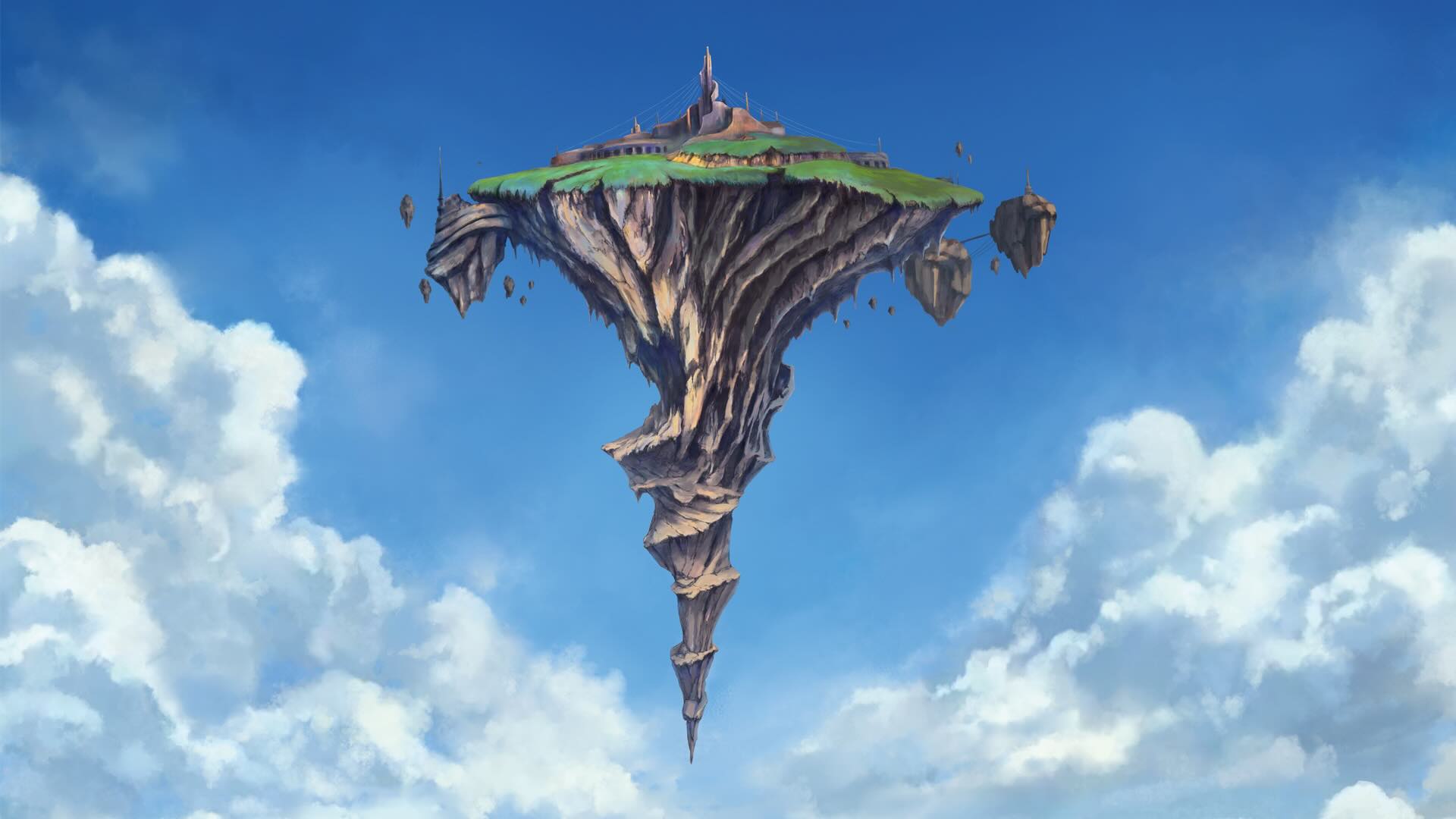 An island floats in the sky.