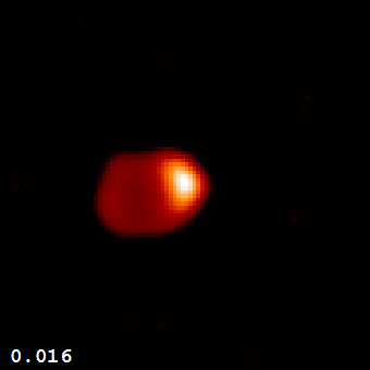 This animation was assembled from a series of 55 images of Algol taken with the CHARA (Center for High Angular Resolution Astronomy) interferometer at Mount Wilson Observatory, using the infrared part of the spectrum (coloring the normally white star red). It shows the dimmer companion star orbiting Algol and passing in front of it — a classic eclipsing binary star system. The numerical labels range from 0.0 at the start of the orbit to 0.868 near the end of the orbit.