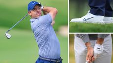 Rory McIlroy holds his finish on a shot, a close-up of his Nike shoes and a close-up of his glove