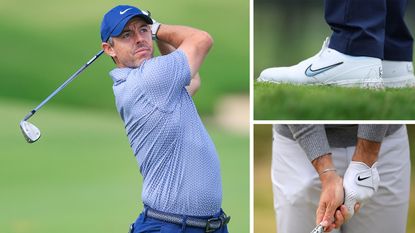 Rory McIlroy holds his finish on a shot, a close-up of his Nike shoes and a close-up of his glove