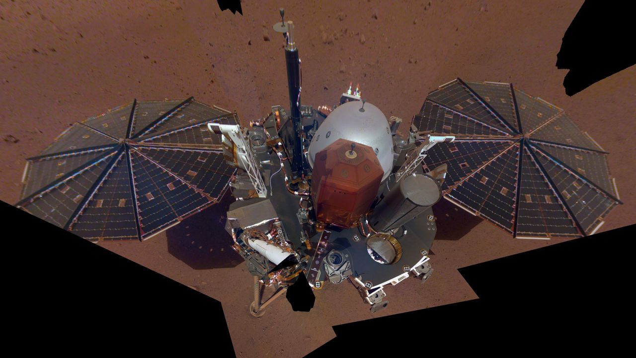 The first selfie taken by NASA&rsquo;s InSight lander on Mars. The 11-image composite, which was released on Dec. 11, 2018, shows the lander's solar panels and deck. Atop the deck are InSight&rsquo;s science instruments, weather sensor booms and UHF antenna.