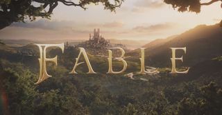 Fable 4 logo that reads just "FABLE" in stylized text in front of a forested landscape at sunset looking at a large, fantasy city in the distance between several hills.