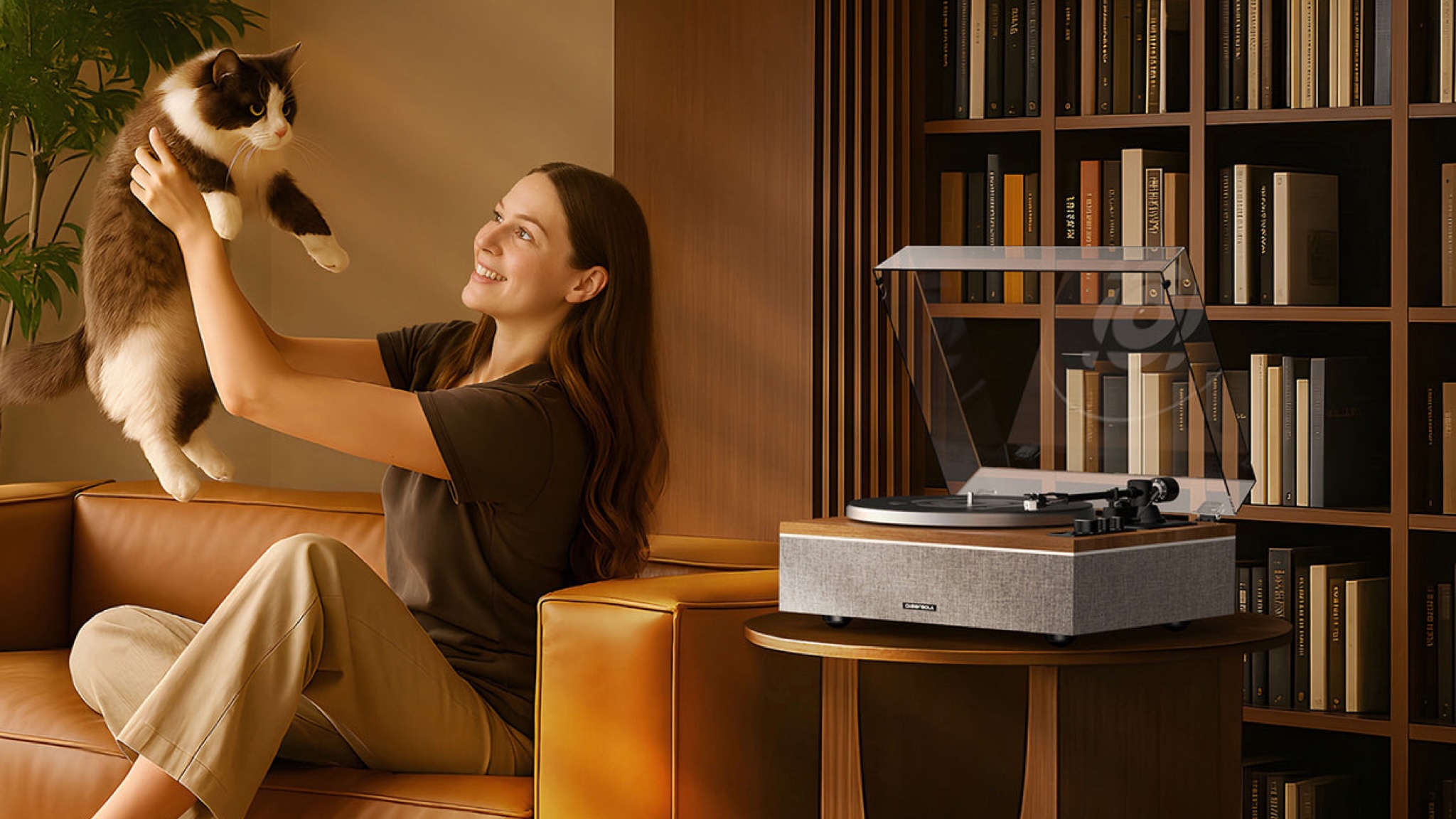 A young woman holding a cat in the air in a brown-decorated room. A Qlearsoul ONE-S turntable is on a table in front of a tidy bookshelf.