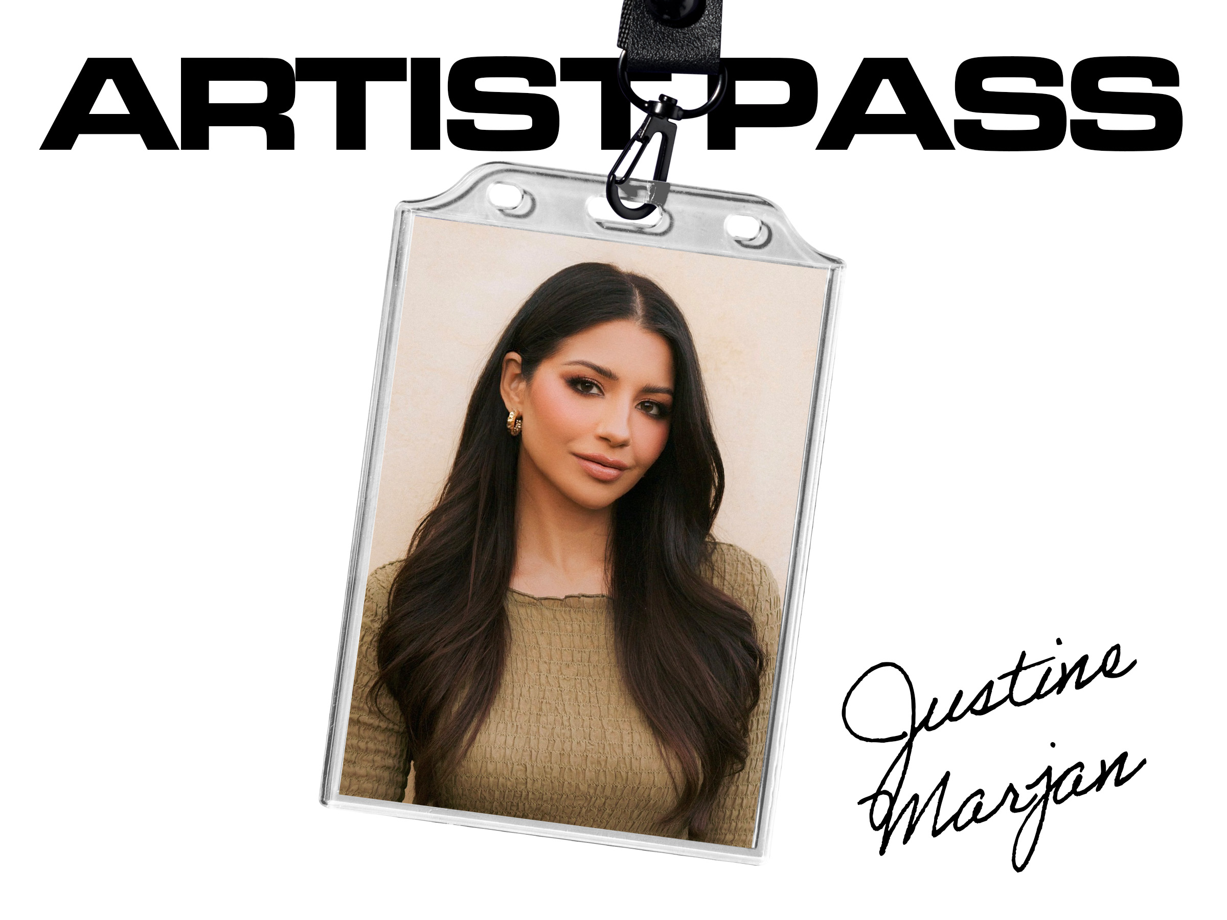 ID image of Justine Marjan on a lanyard, with Artist Pass written behind it.