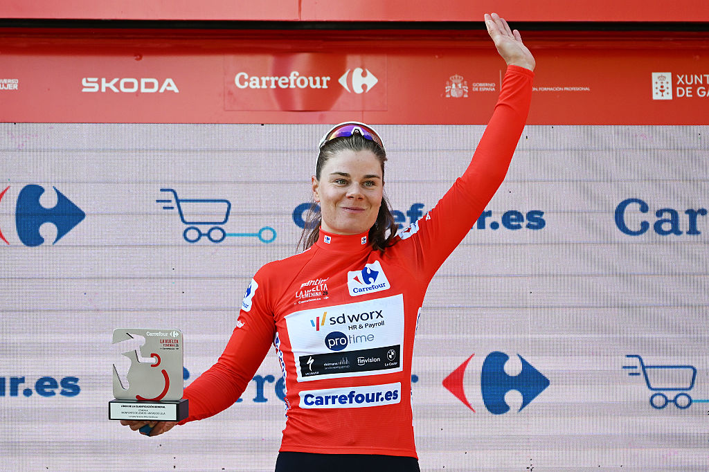 Lotte Kopecky (SD Worx - Protime) celebrates receiving the overall leader's red jersey after stage 4 of the 2026 La Vuelta Femenina in Antas de Ulla, Spain. (Photo by Szymon Gruchalski/Getty Images)