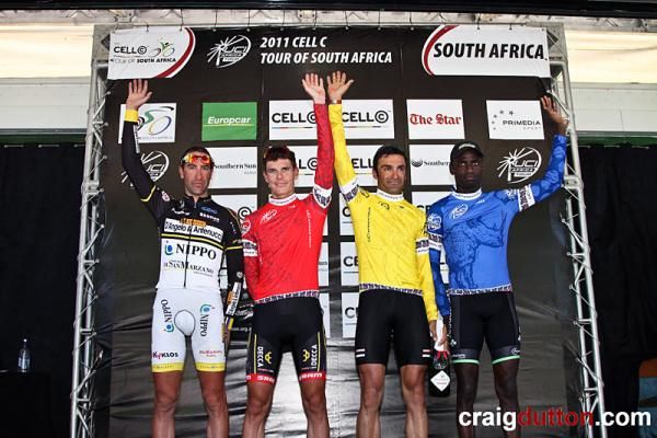 Stage four podium (l-r): Davide Torosantucci, stage winner; Daryl Impey, mountains leader; Kristian House, overall leader; and Kevin Reza, best young rider.