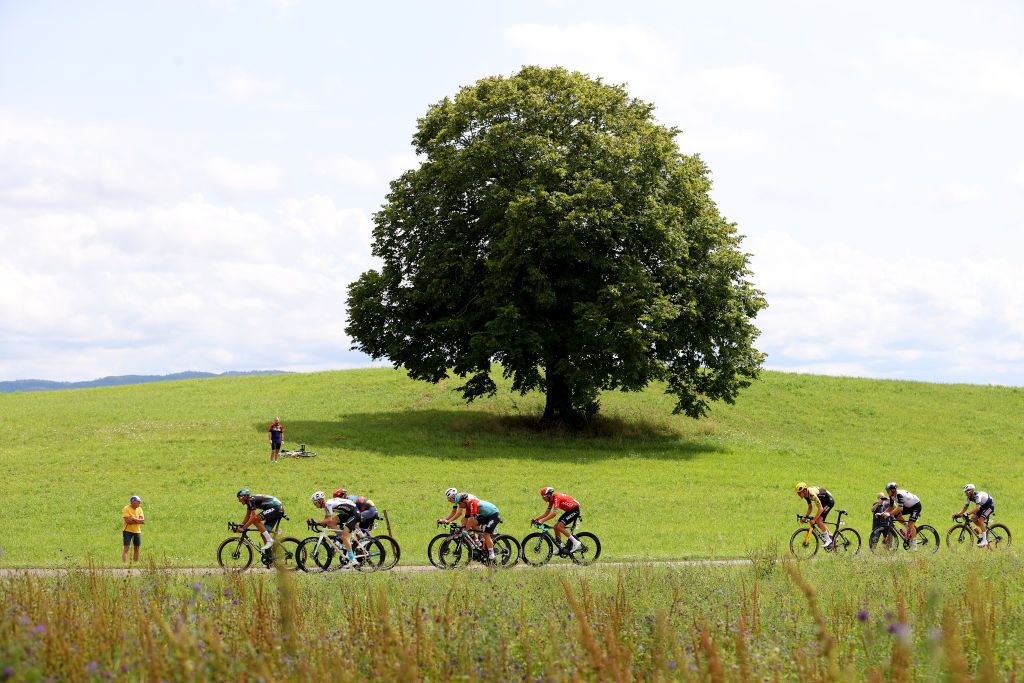POLIGNY FRANCE JULY 21 A general view of Tiesj Benoot of Belgium and Team JumboVisma Matteo Trentin of Italy and UAE Team Emirates Julian Alaphilippe of France and Team Soudal Quick Step Jack Haig of Australia and Team Bahrain Victorious Nils Politt of Germany and Team BORAHansgrohe Mads Pedersen of Denmark and Team LidlTrek Georg Zimmermann of Germany and Team IntermarchCircusWanty Warren Barguil of France and Team ArkaSamsic Victor Campenaerts of Belgium and Team Lotto Dstny compete in the breakaway during the stage nineteen of the 110th Tour de France 2023 a 1728km stage from MoiransenMontagne to Poligny UCIWT on July 21 2023 in Poligny France Photo by Michael SteeleGetty Images