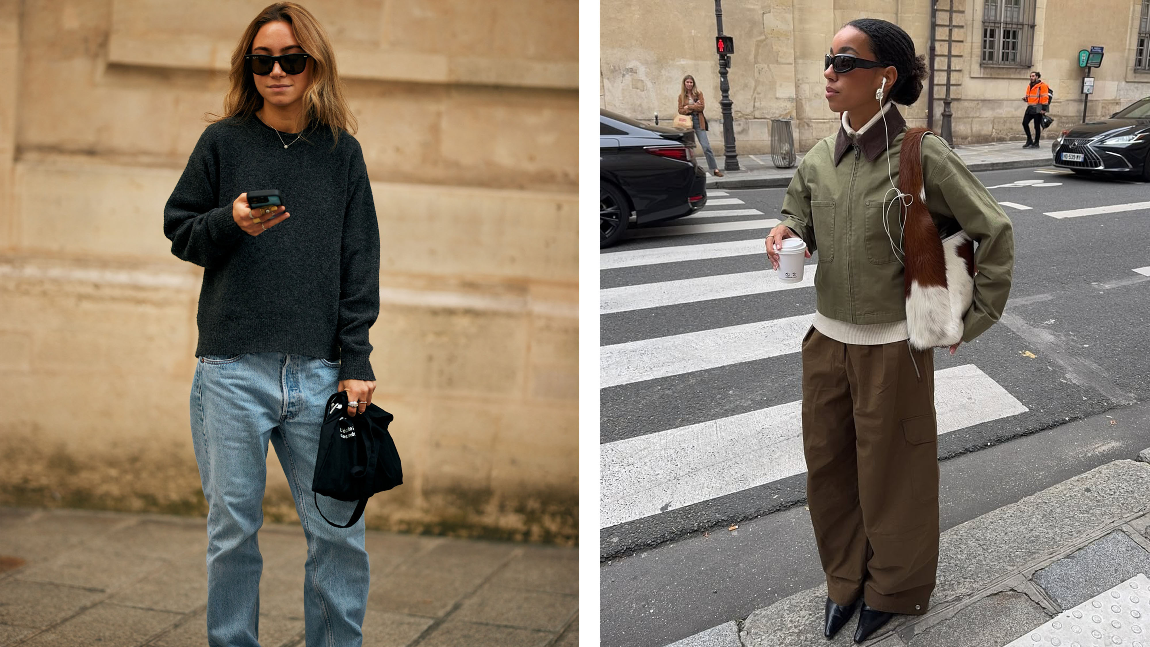 Woman looking in a sweater and jeans looking at a phone; Woman in a green jacket and brown pants