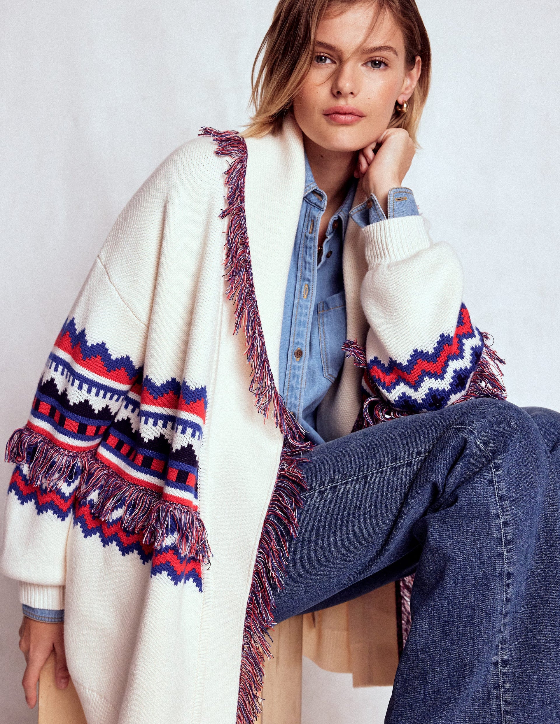 Fringed Jacquard Cardigan-Warm Ivory Melange