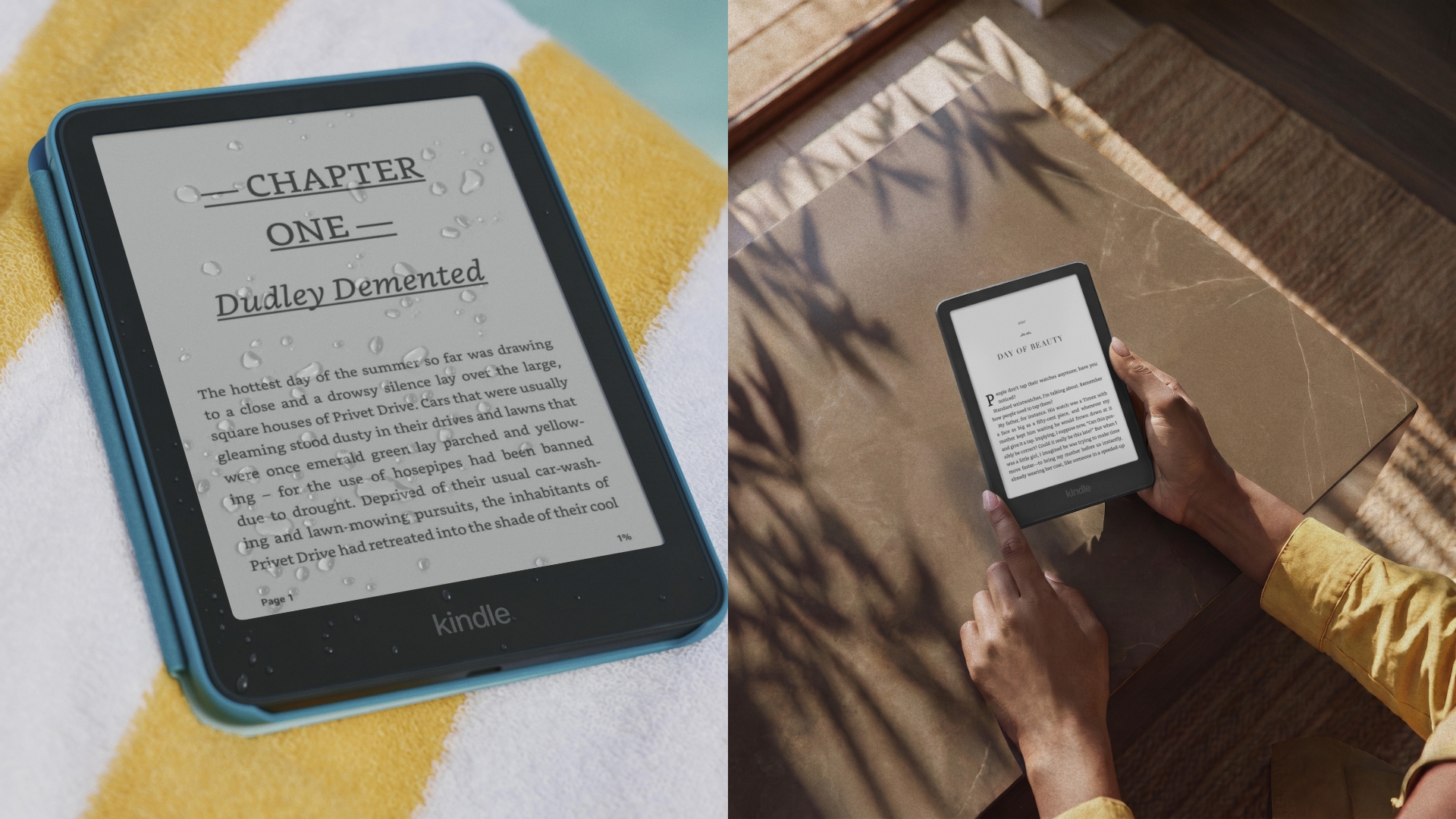 Amazon Kindle with water on and on a table
