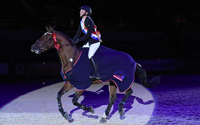 Laura Pritchard riding HORSE VICTORY"S FAYOT owned by Tracy Pritchard, winner of the Senior Foxhunter Championship during HOYS in the NEC in Warwickshire in the UK on 6th October 2016