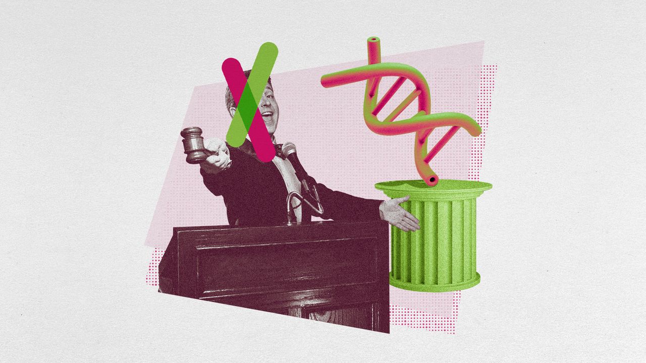 Photo collage of an auctioneer gesturing towards the camera with a gavel, showing off a huge strand of DNA on a plinth. 