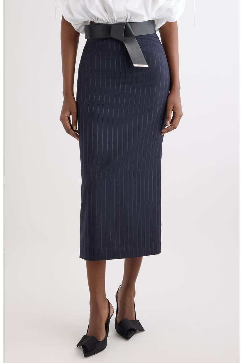 Pinstripe Wool Pencil Midi Skirt