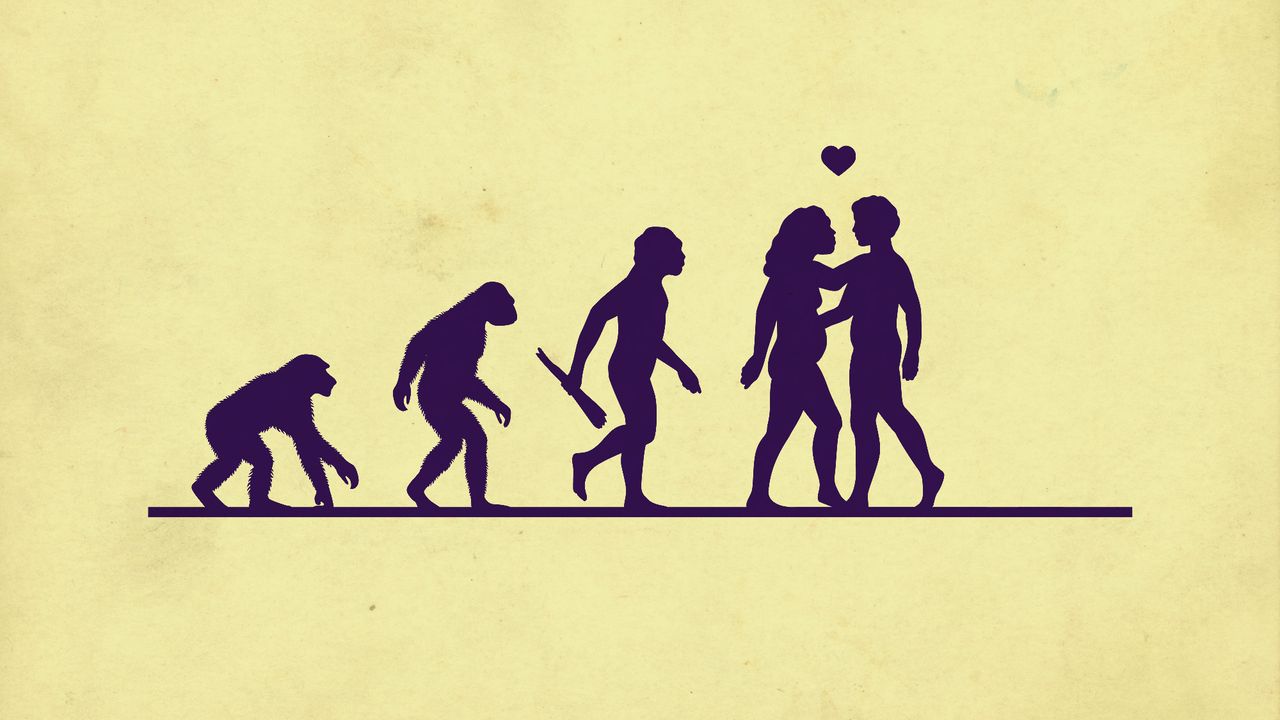 Illustrative collage of stages of human evolution. The Homo Sapiens is facing the other way from the rest, and embracing the Neanderthal