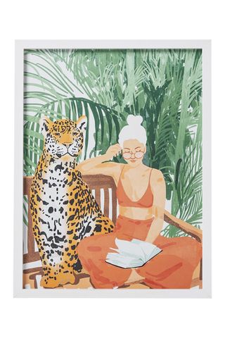artwork showing a jungle print with a girl and a tiger 