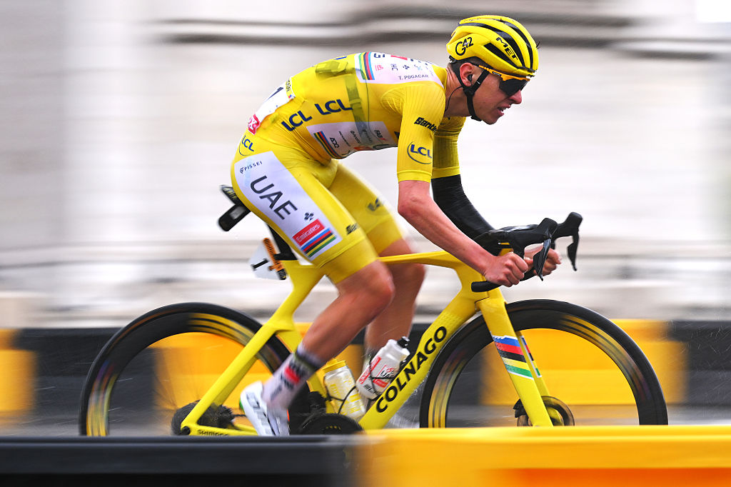 PARIS - CHAMPS-ELYSEES, FRANCE - JULY 27: Tadej Pogacar of Slovenia and UAE Team Emirates - XRG - Yellow leader jersey competes during the 112th Tour de France 2025, Stage 21 a 132.3km stage from Mantes-la-Ville to Paris - Champs-Elysees / #UCIWT / on July 27, 2025 in Paris - Champs-Elysees, France. (Photo by Tim de Waele/Getty Images)
