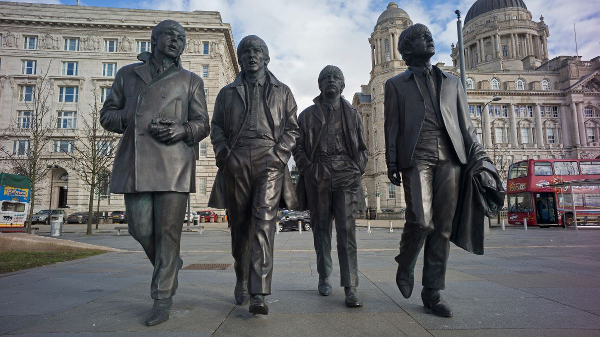 Statues of Paul McCartney, George Harrison, Ringo Starr and John Lennon of the Beatles stand outside the Liver Building at Liverpool Waterfront on February 11, 2016 in Liverpool, England.