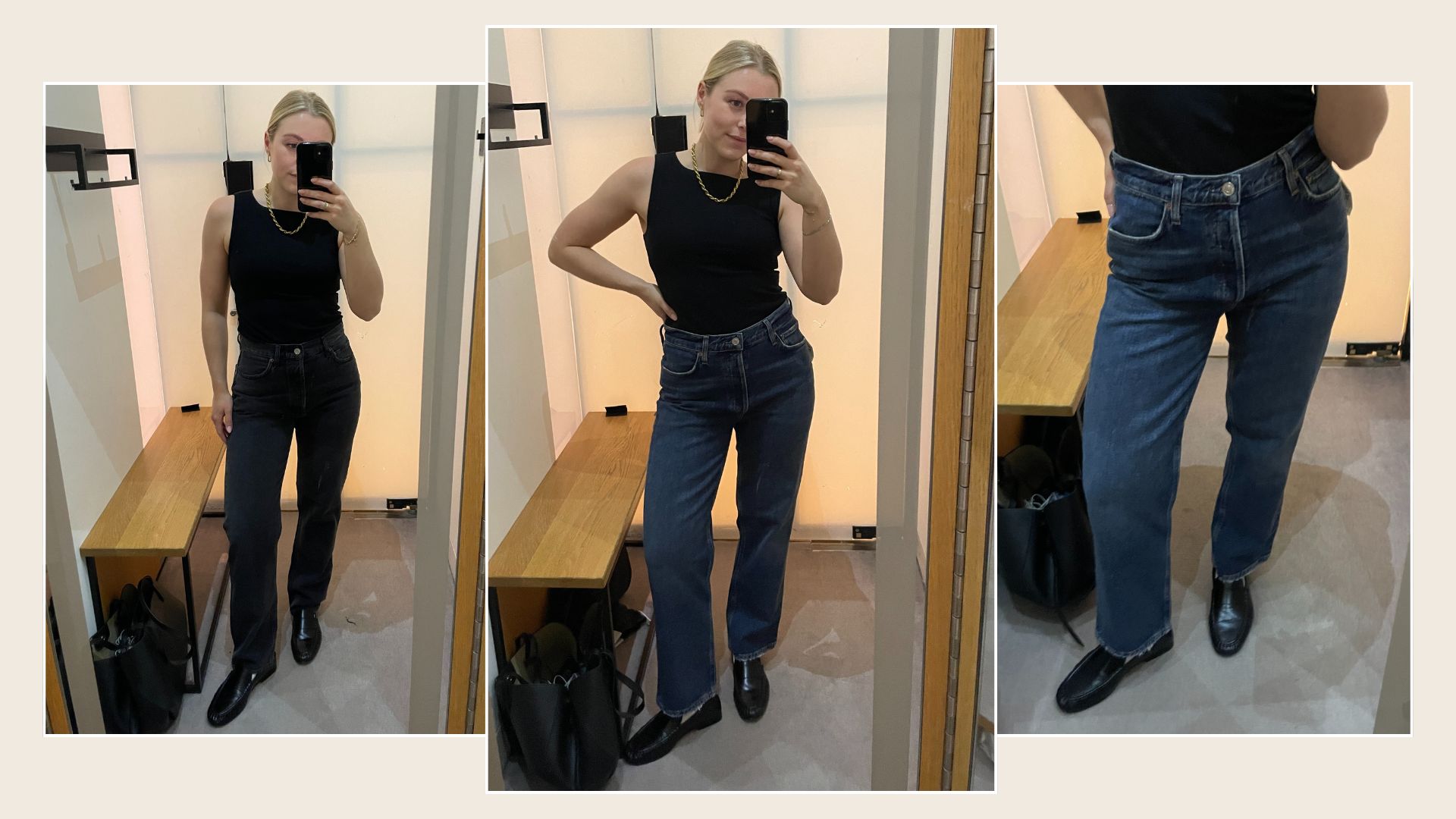 Woman wears black jeans, black top and loafers; woman wears black top, blue jeans and loafers; woman wears blue jeans and loafers