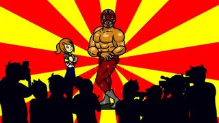 Screenshot from Rhythm Heaven Fever, showing a macho wrestler tense his muscles while the shadows of paparazzi loom in the foreground.