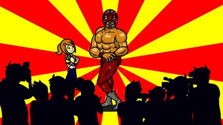 Screenshot from Rhythm Heaven Fever, showing a macho wrestler tense his muscles while the shadows of paparazzi loom in the foreground.