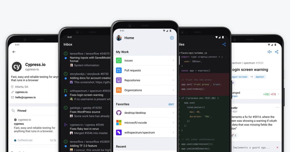 GitHub&#039;s mobile apps for Android shown off in light and dark themed renders