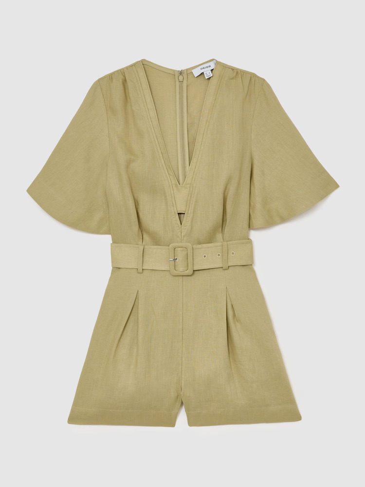 Reiss, Sansi Linen Short-Sleeve Belted Playsuit
