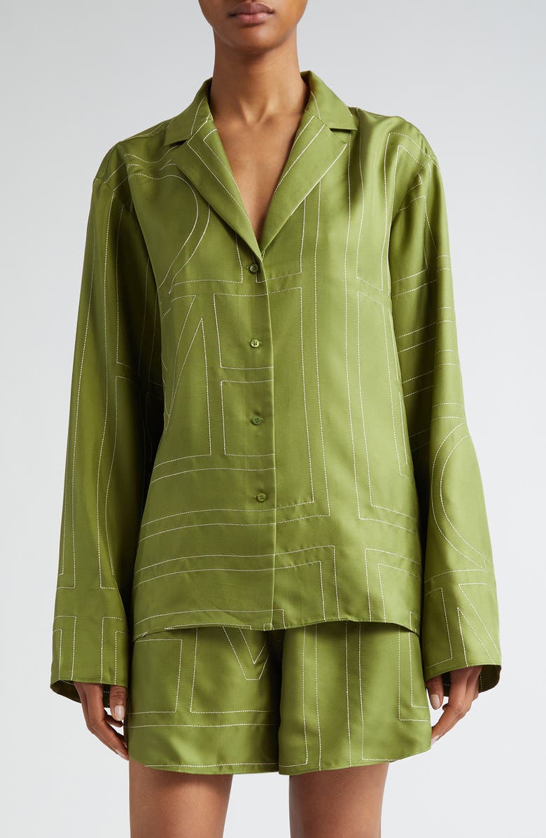 Monogram Embroidered Silk Button-Up Shirt